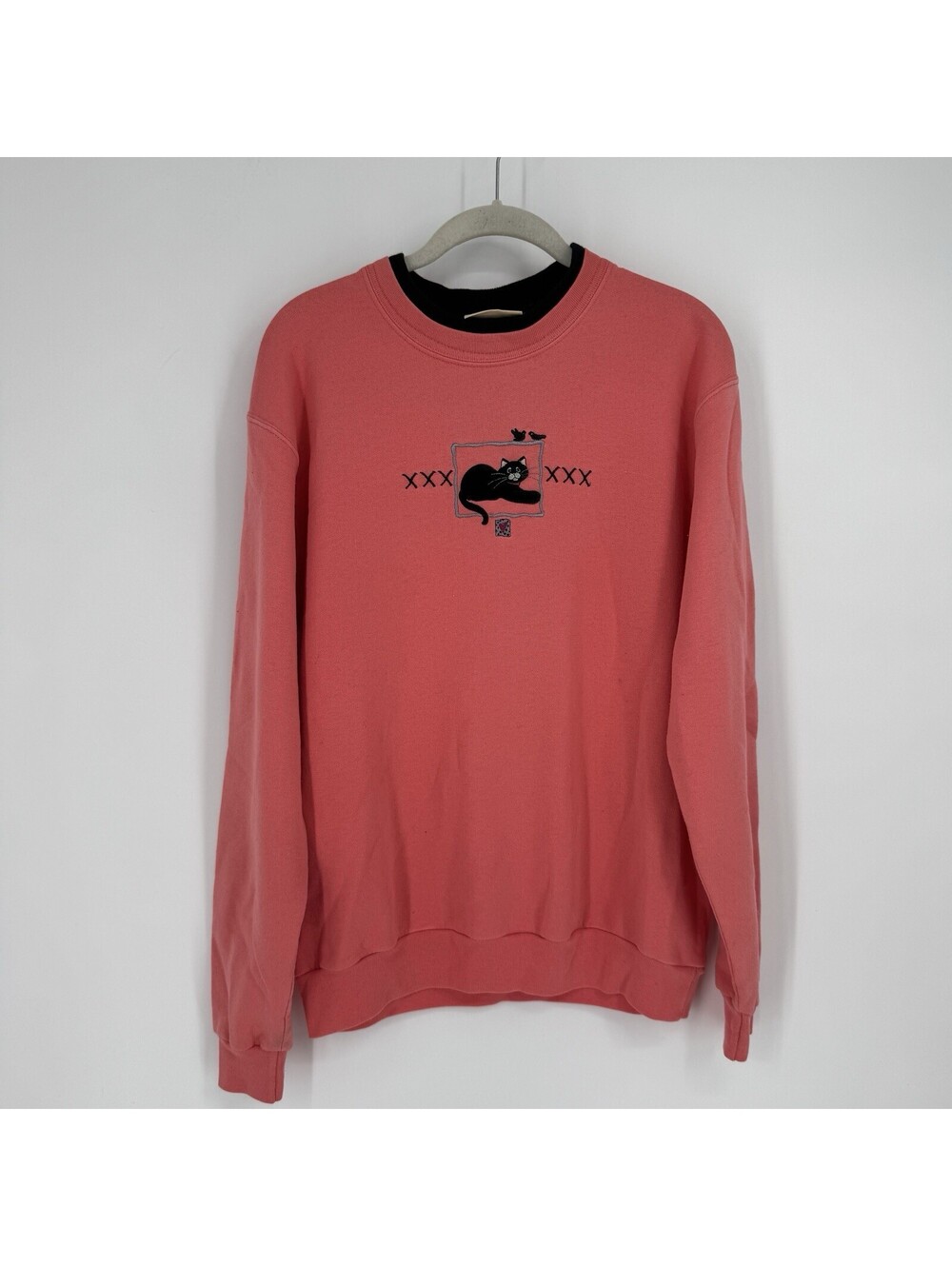 Vintage Cat sweatshirt medium M black embroidered 90s cat lover coral grandma